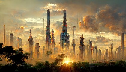 Wall Mural - Abstract futuristic future city, beautiful sunset. Urban modern landscape. High rise buildings. Unreal world. .