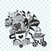 Cute Doodle Cat Riding Bicycle With Coffee Cup And Flowers