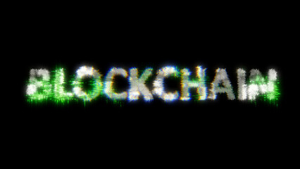 Poster - green cybernetical text BLOCKCHAIN with noise distortion, isolated - object 3D rendering
