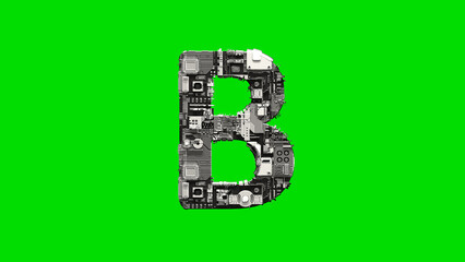 Poster - , silver cyber metal scrap digital alphabet on green, isolated - object 3D rendering