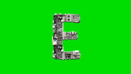 Poster - letter E, silver cyber metal scrap digital alphabet on green, isolated - object 3D illustration