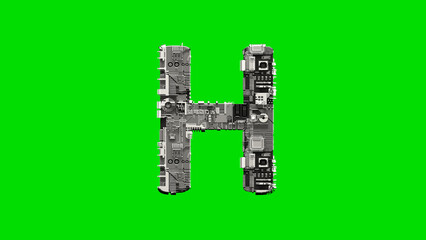 Poster - letter H, silver cyber metal scrap digital alphabet on green, isolated - object 3D illustration