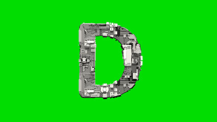 Poster - letter D, silver cyber scrap metal digital alphabet on green, isolated - object 3D rendering