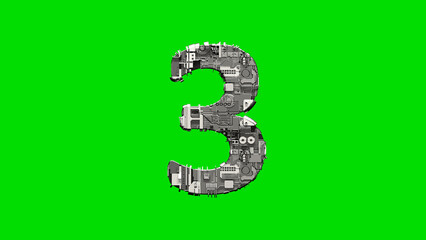 Poster - number 3, silver cyber scrap metal digital font on green, isolated - object 3D illustration