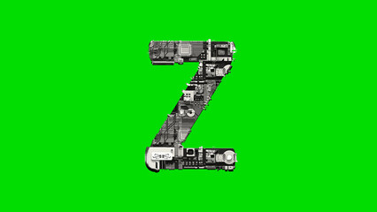 Poster - letter Z, silver cyber scrap metal digital font on green, isolated - object 3D illustration