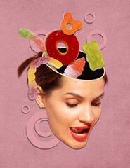Wall Mural - Contemporary art collage. Creative design. Young woman with many jelly candy inside head isolated over pink background. Sweets