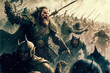 Leinwandbild Motiv Fantasy concept art featuring viking barbarian warriors in a battlefield at war. Drawing swords and fighting in a large army concept art. Middle ages battle featuring vikings.