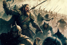 Fantasy Concept Art Featuring Viking Barbarian Warriors In A Battlefield At War. Drawing Swords And Fighting In A Large Army Concept Art. Middle Ages Battle Featuring Vikings.