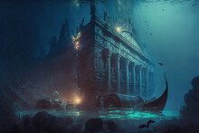 The Lost City Of Atlantis Artwork. Epic Fantasy Illustration Of The Lost Civilisation Submerged Under The Atlantic Ocean. Mythical Architecture Under Water Of An Ancient Remains Of A Great City.