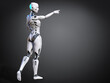 3D rendering of a female android pointing with greyish background.