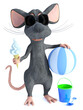 3D rendering of a cool cartoon mouse eating ice cream holding beachball.