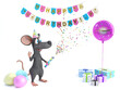 3D rendering of a cartoon mouse celebrating with party popper.