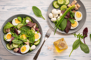 Wall Mural - Keto dish - healthy green salad with arugula, tuna, mozzarella and eggs. 