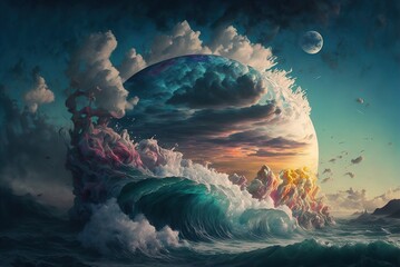 Wall Mural - World within worlds - moon as a portal rift to another dimension in time and space with turbulent ocean waves and surreal clouds. Fantasy unreal sci-fi seascape digital illustration.