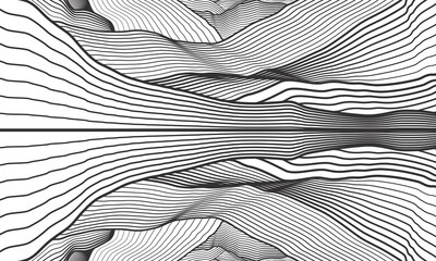 Poster - Abstract vector background. Outline mountains. Waves line illustration. Black and white art