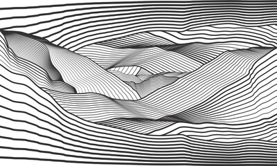 Poster - Abstract vector background. Outline mountains. Waves line illustration. Black and white art