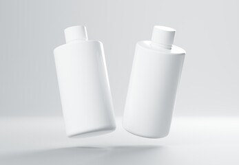 Wall Mural - two plastic shampoo bottles floating on gray background 3d render mockup