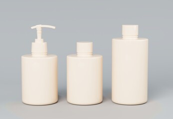 Wall Mural - three different beige cosmetic product bottles set template on gray background 3d render