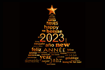 2023 new year multilingual text word cloud greeting card in the shape of a christmas tree