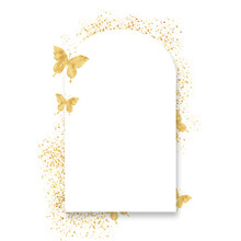 Gold Frame With Butterfly Decoration. Golden Border.
