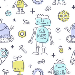 Wall Mural - cute doodle robot pattern. seamless outline vector print for baby textile and apparel.