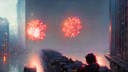 Wall Mural - crowd of people dancing at silvester / new years eve in the city with fireworks in the background - 