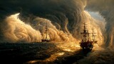 Fototapeta  - beautiful rococo painting of a water level view of turbulent swells of a violent ocean storm, dramatic thunderous sky at dusk. at center a closeup of large tall ship with sails.