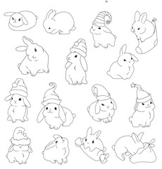  Set of rabbits on a white background. Holiday hats. Happy new year 2023 with a bunny
