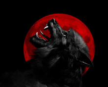 3d Illustration Of A Werewolf Dogman Cryptid In Black And White Howling Against A Blood Red Full Moon