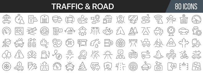 Aufkleber - Traffic and road line icons collection. Big UI icon set in a flat design. Thin outline icons pack. Vector illustration EPS10