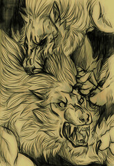  Illustration of two werewolves fighting. One is biting the neck of the other.