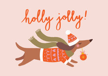 Cute Christmas Illustration With Dachshund In Red Knitted Sweater And Long Green Scarf. Holiday Graphic With Handwritten Phrase „Holly Jolly”. Ideal For Greeting Card Design.