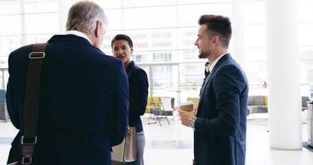 Aufkleber - Business people, diversity and talking in conference collaboration, teamwork workshop or networking seminar. Mature ceo, leadership and corporate manager, man and woman in tradeshow strategy planning