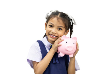 Wall Mural - Student girl with piggy bank isolated on whtie background with clipping path, studio shot, copy space