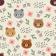 Wall Mural - cute beige neutral forest brown and grey teddy bears seamless pattern for kids textile and fabric, home decor elements. Woodland wrapping paper vector print for baby boy and girl