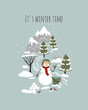 © helenreveur - Cartoon Winter landscape with snowman, mountains, pine trees, snow. Christmas time poster, card, print