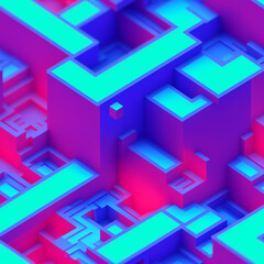 Aufkleber - 3D Digital Technology Concept. Isometric cubes and rectangles with data block in motion. Cloud technology, digital data synchronization, storage, internet. Abstract Computer, IoT, Datacenter.