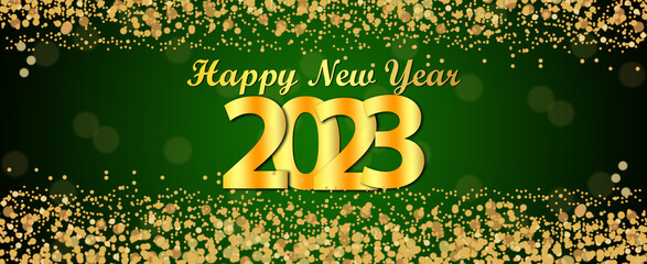 Wall Mural - Happy new year 2023 banner with dark green background for agriculture business. New year cover design. Glitter particles falling down 2023 typography.