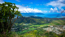 Panorama Of Oahu And The Hawaiian Mountains As Seen From The Top Of The Olomana Ridge Trail; The Famous Three Peaks On Oahu, Dangerous Mountain Hiking In Hawaii, Holidays In Hawaii