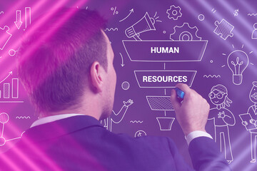 Business, Technology, Internet and network concept. Young businessman working on a virtual screen of the future and sees the inscription: Human resources