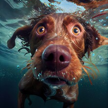  A Dog Swimming In The Water With Its Head Above The Water's Surface And Looking Up At The Camera
