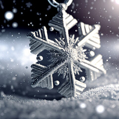 Wall Mural - Christmas snowflake pedant on blue snow storm background, 3D render style