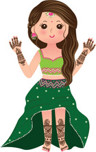 Cute Indian Girl In Mehndi Outfit Indian Bride With Henna Hands On Mehndi Function Illustration