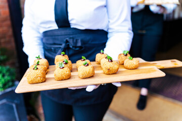 Wedding reception event party catering with appetisers and canapés being served by servers in the garden for their guests