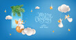 Vector banner for Merry Christmas and Happy New Year holidays. Realistic Christmas tree toys in a shape of Christmas angels, branches of fir tree, sequins and clouds on a sky blue background