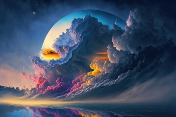 Wall Mural - World within worlds - moon as a portal rift to another dimension in time and space with turbulent ocean waves and surreal clouds. Fantasy unreal sci-fi seascape digital illustration.