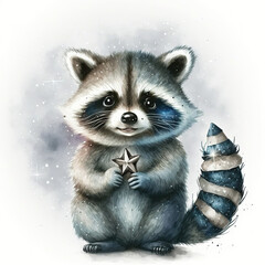 Wall Mural - Watercolor illustration of racoon with Christmas decoration 