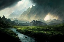 Dark Mountain Landscape With Bright Shines From The Clounds  Illustration 
