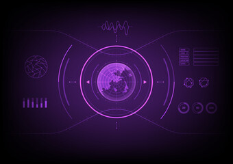 Poster - Hi-tech radar-scanning screen that glows There is a circle on the outside. has a curve with a point There is an energy scale, there is a graph, the background is gradient, purple.
