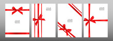 Holiday Cover Design Set. Luxury White Background With Red Ribbon (bow). Elegant Premium Vector Collection Template For Birthday Invite Card, Valentine's Day Greeting Or Christmas Gift 